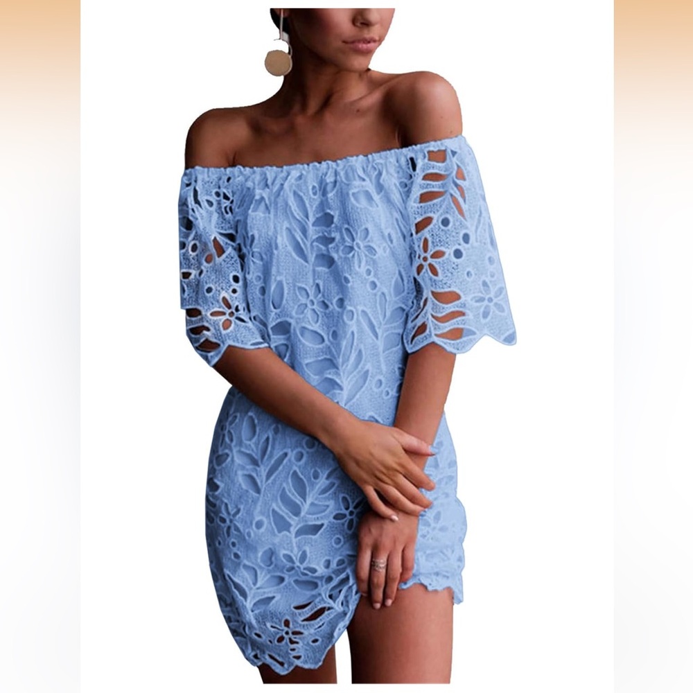 Off Shoulder Dresses Floral Lace Flare Short Sleeve Mini Dress